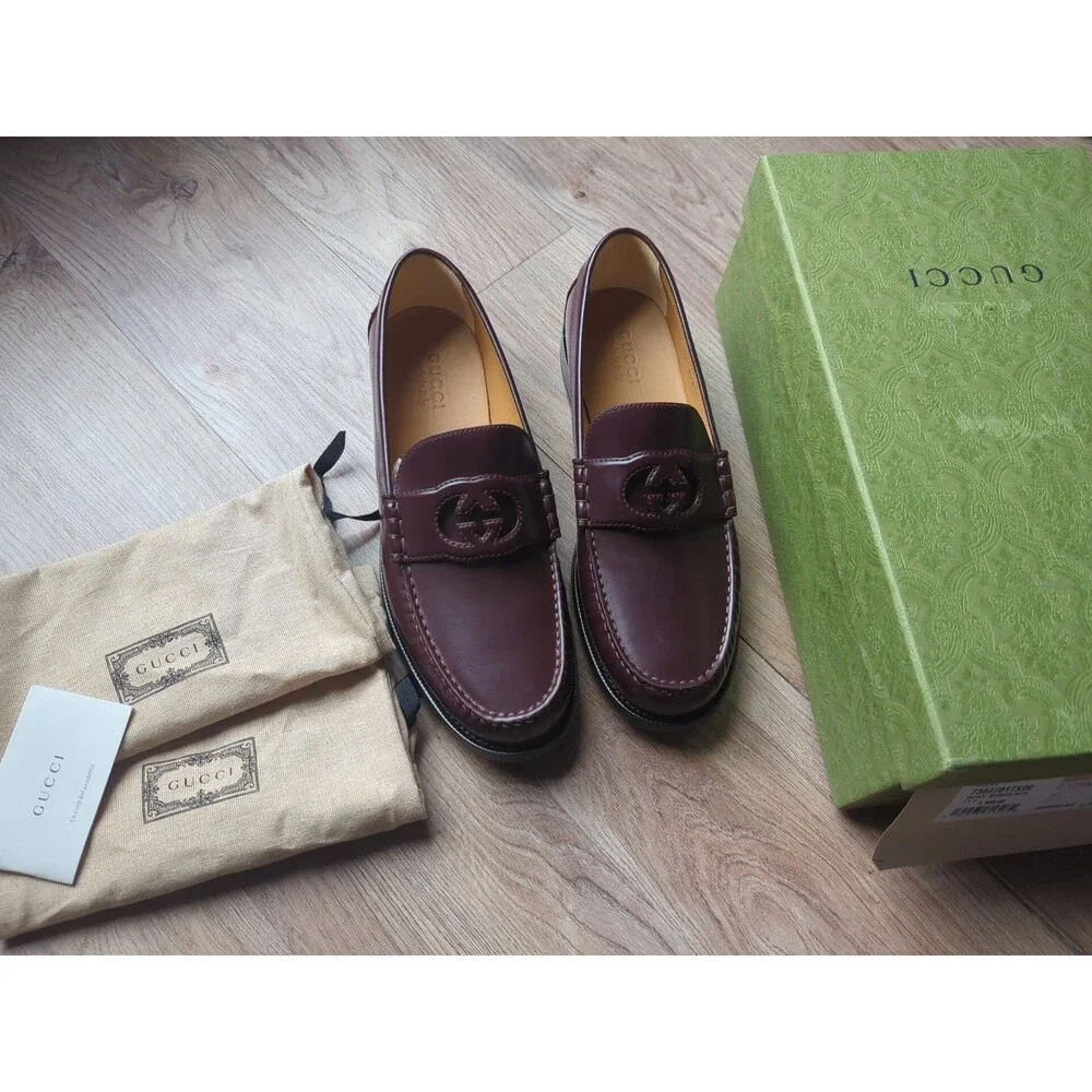 Gucci GG Interlocking Leather Loafers Bordeaux Mens 10
